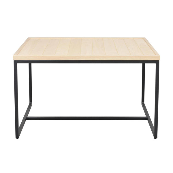 Soffbord med ljus träskiva och svart metallstativ i modern industriell design