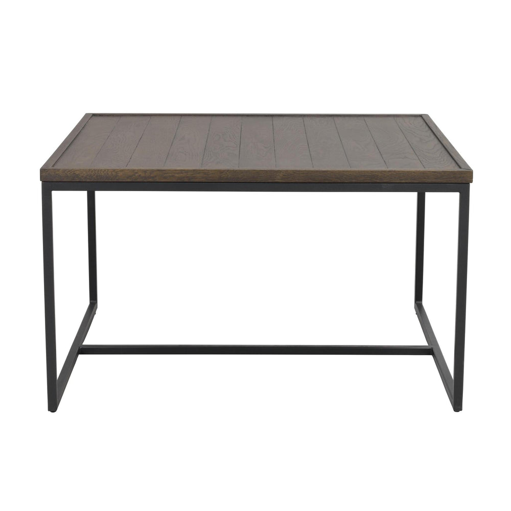 Soffbord med grå träskiva och svart metallstativ i industriell stil