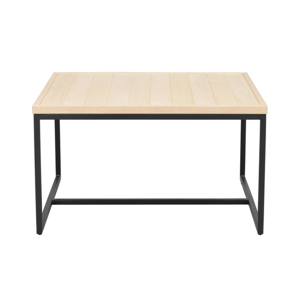 Soffbord med ljus träskiva och svart metallstativ i modern industriell design