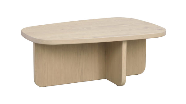 Soffbord i ljust trä med oval skiva och korsformad fot i naturlig ek