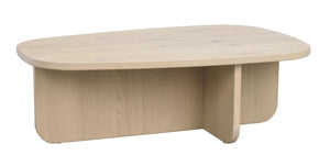 Ovalt soffbord i ljust trä med rundade former och korsformat underrede i skandinavisk design