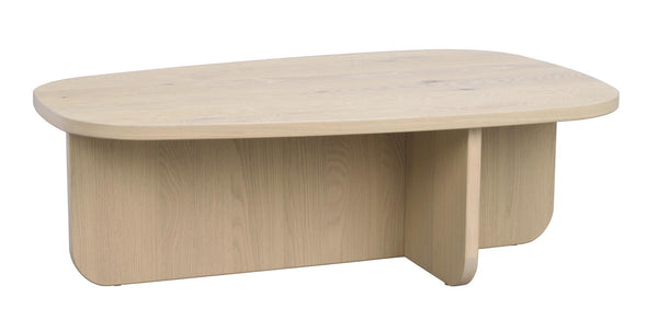 Ovalt soffbord i ljust trä med rundade former och korsformat underrede i skandinavisk design