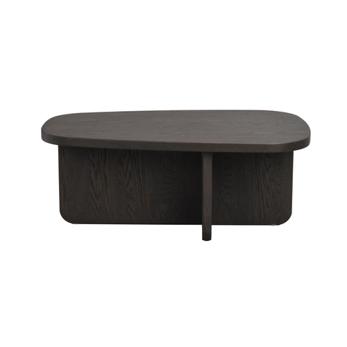 Ovalt soffbord i mörkbetsad ek med rundade hörn och solid konstruktion