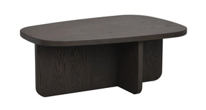 Ovalt soffbord i mörkbetsad ek med rundade kanter och massiv fotplatta i modern skandinavisk design