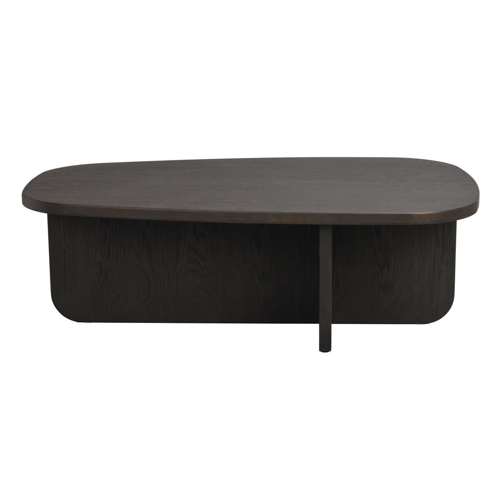 Mörkbrun ovalt soffbord i trä med rundade kanter och solid bas