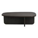 Mörkbrun ovalt soffbord i trä med rundade kanter och solid bas