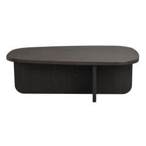 Mörkbrun ovalt soffbord i trä med rundade kanter och solid bas