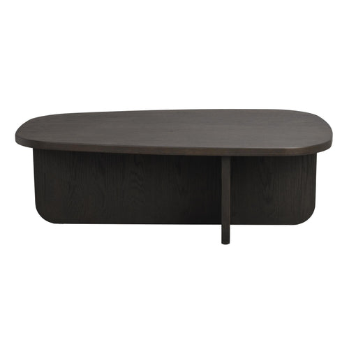Mörkbrun ovalt soffbord i trä med rundade kanter och solid bas