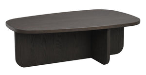 Modernt soffbord i mörkbetsad ek med rundade hörn och organisk form