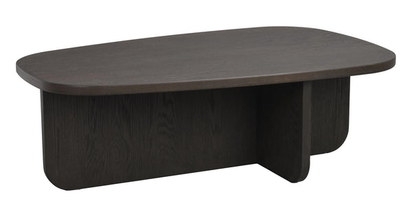 Modernt soffbord i mörkbetsad ek med rundade hörn och organisk form