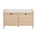 Hallbänk i ljust trä med två stora lådor och vit stoppad sittdyna