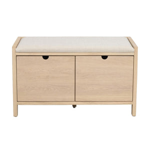 Hallbänk i ljust trä med två stora lådor och vit stoppad sittdyna