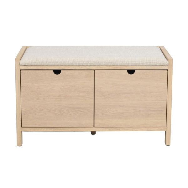 Hallbänk i ljust trä med två stora lådor och vit stoppad sittdyna