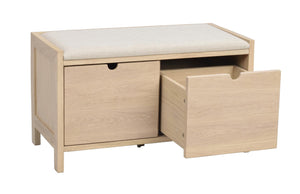 Hallbänk i ljust trä med stoppad sits och två förvaringslådor, ena lådan utdragen