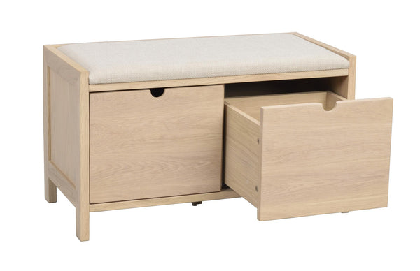 Hallbänk i ljust trä med stoppad sits och två förvaringslådor, ena lådan utdragen