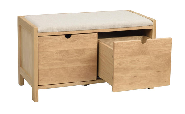 Hallbänk i ek med stoppad sits och två utdragbara lådor för förvaring