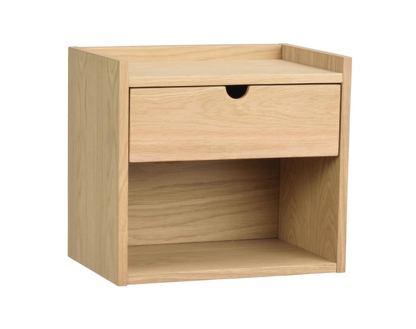 Sängbord i ljus ek med en låda och öppen hylla, skandinavisk design