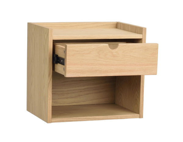Sängbord i ljus ek med utdragen låda och öppen hylla, modern skandinavisk design