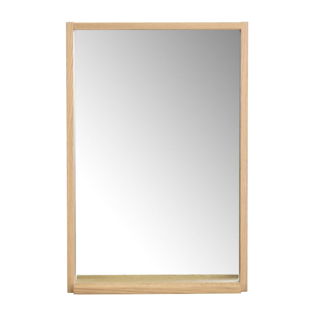 Rektangulär spegel med ljus träram i ek och liten hylla i nederkant