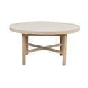 Runt soffbord i ljust trä med krysskopplade ben och upphöjd kant runt bordsskivan