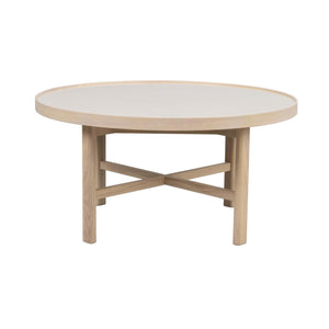 Runt soffbord i ljust trä med krysskopplade ben och upphöjd kant runt bordsskivan