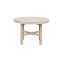 Runt soffbord i ljust trä med krysstöd och upphöjd kant
