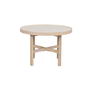 Runt soffbord i ljust trä med krysstöd och upphöjd kant