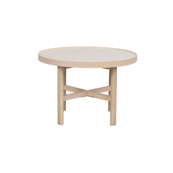 Runt soffbord i ljust trä med krysstöd och upphöjd kant