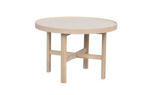 Runt soffbord i ljust trä med krysstöd och fyra ben, skandinavisk design