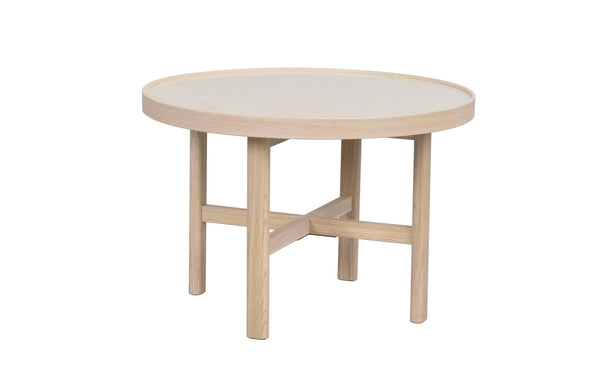Runt soffbord i ljust trä med krysstöd och fyra ben, skandinavisk design