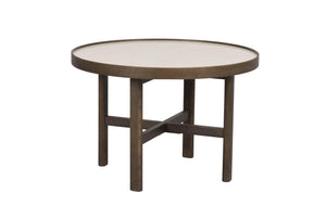 Runt soffbord i mörkbetsad ek med ljus bordsskiva och korsformad underrede