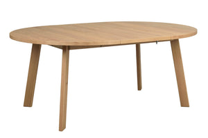 Ovalt matbord i ljust trä med utdragsfunktion och fyra sneda ben i modern skandinavisk design