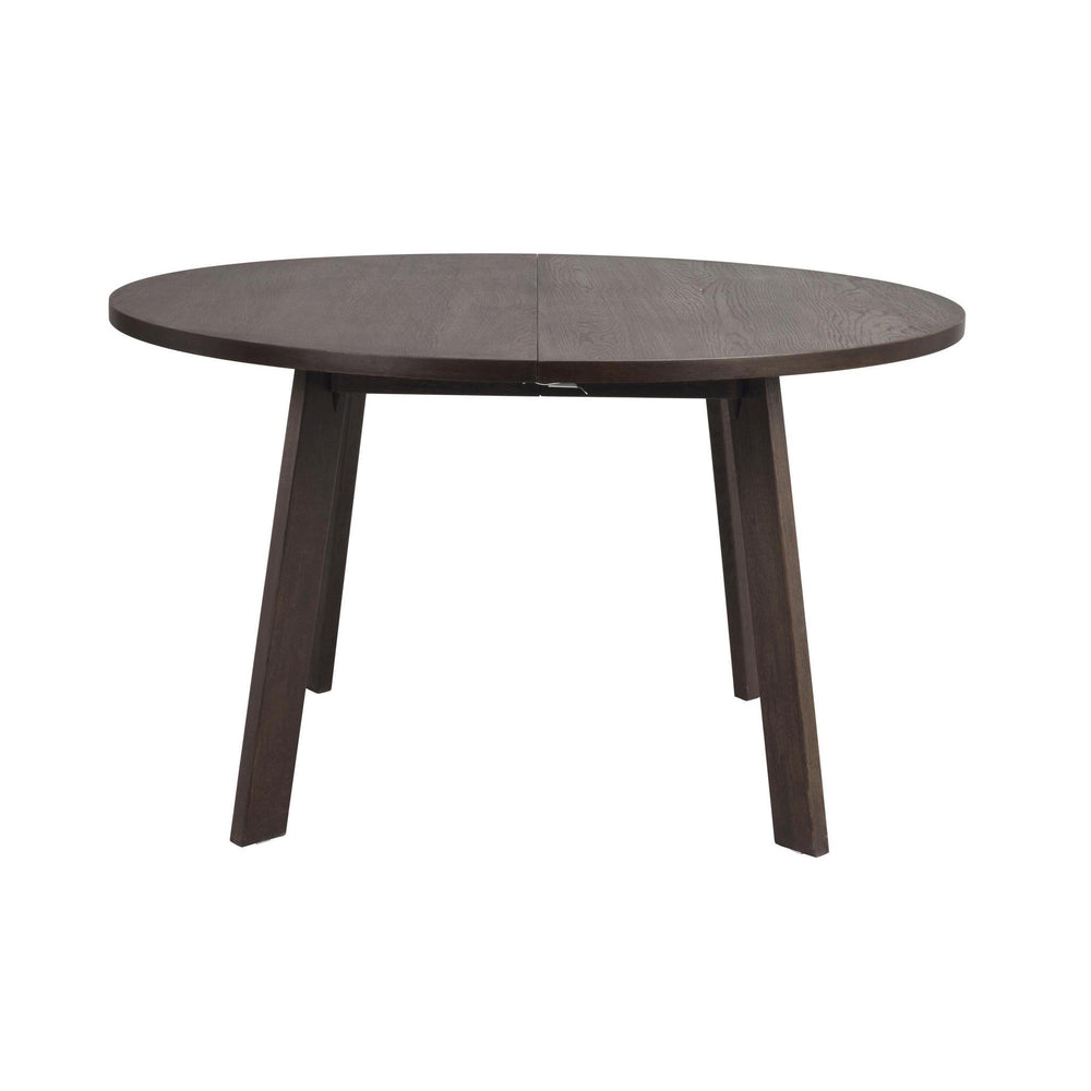 Runt matbord i mörkgrått trä med utdragsfunktion och snedställda ben