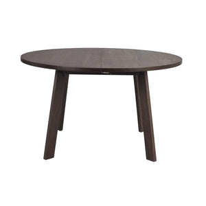 Runt matbord i mörkgrått trä med utdragsfunktion och snedställda ben