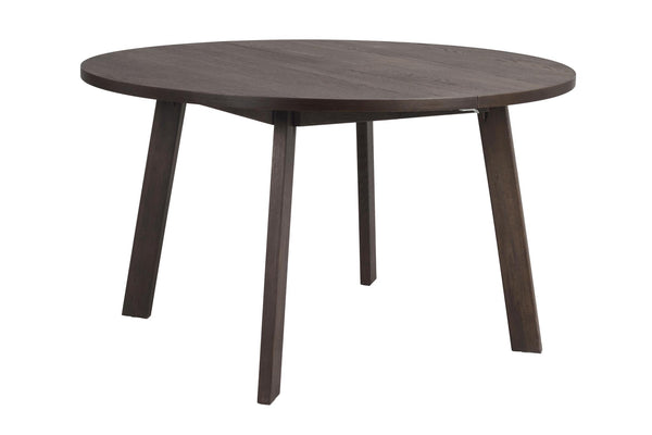 Runt matbord i mörkbrun ek med fyra sneda ben, modern skandinavisk design