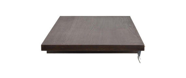 Mörkbrun träbordsskiva i trä med synlig årsring och justerbar mekanism på sidan