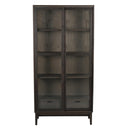 Vitrinskåp i mörkt trä med glasdörrar och fyra hyllplan, modern design