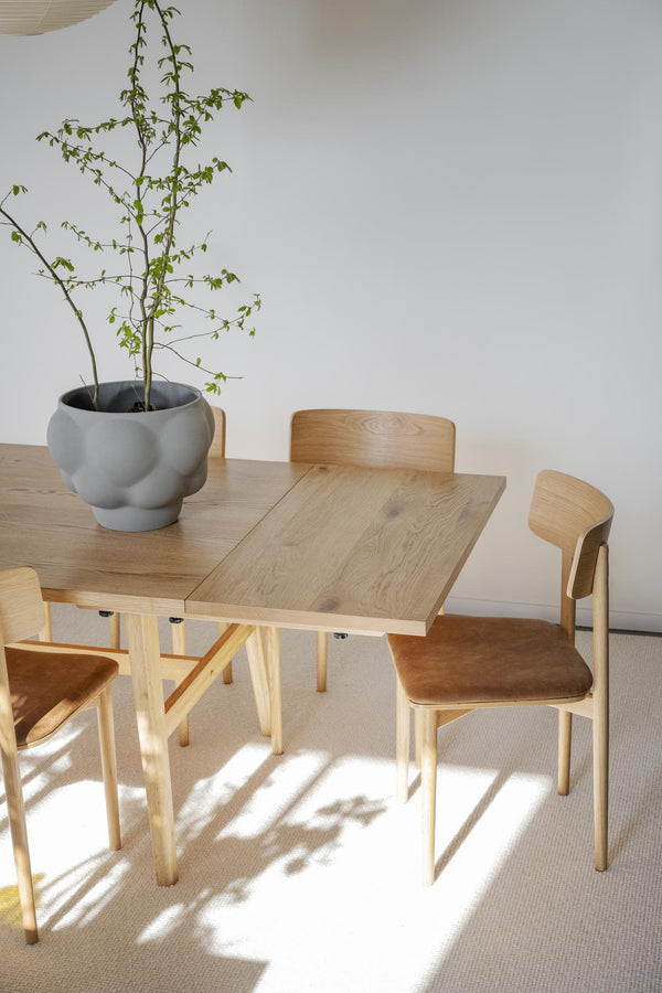 Matbord i ljust trä med matchande stolar och grå krukväxt i minimalistisk skandinavisk matsal