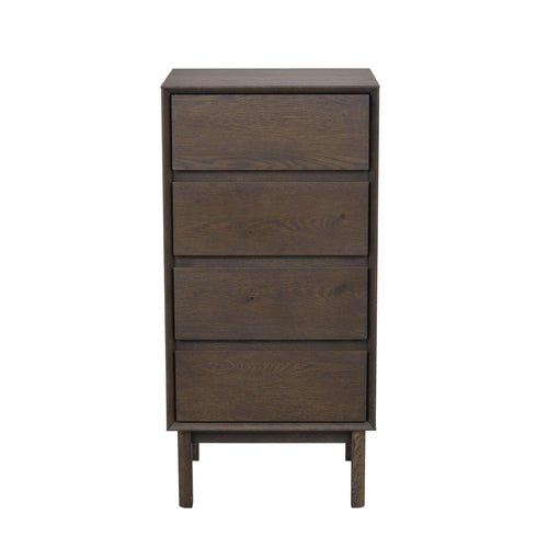 Mörkbrun byrå med fyra lådor och ben i trä, modern design för förvaring