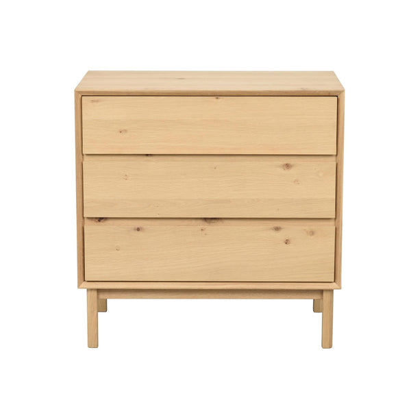 Byrå i ljust trä med tre lådor och ben, modern skandinavisk design