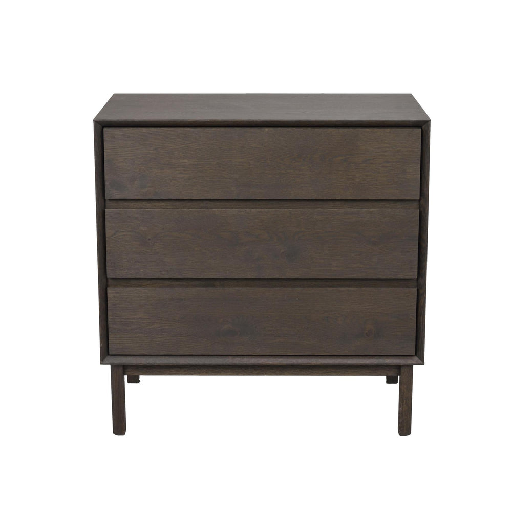 Mörkbrun sängbord med tre lådor och benställning i trä, modern skandinavisk design