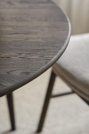 Närbild på rund träbordsskiva med grå yta och rundad kant, stående på metallben