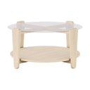 Runt soffbord med genomskinlig glasskiva och ljust trä, två våningar med öppen förvaring