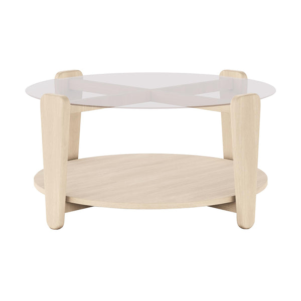 Runt soffbord med genomskinlig glasskiva och ljust trä, två våningar med öppen förvaring