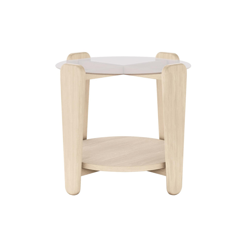 Soffbord i ljust trä med rund glasskiva och hylla, skandinavisk design