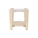 Soffbord i ljust trä med rund glasskiva och hylla, skandinavisk design