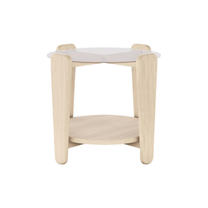 Soffbord i ljust trä med rund glasskiva och hylla, skandinavisk design