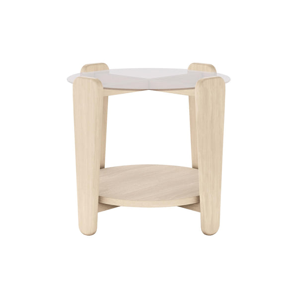 Soffbord i ljust trä med rund glasskiva och hylla, skandinavisk design