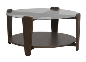 Runt soffbord med glasskiva och mörkt trä, två nivåer, modern design