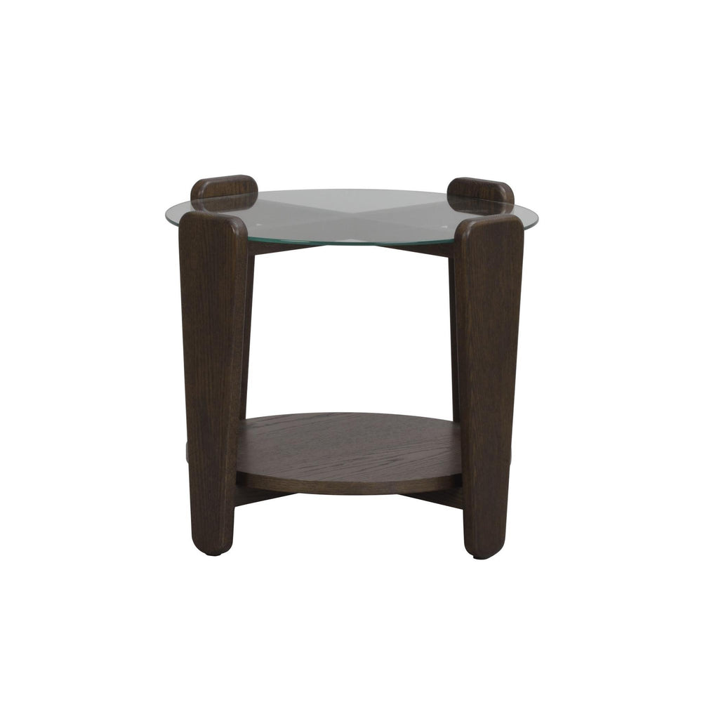 Runt soffbord i mörkbrun ek med glasskiva och hylla, moderna ben i trä